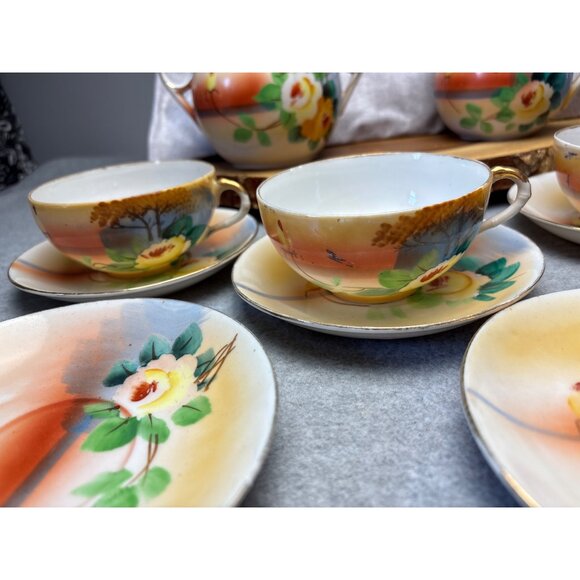Japanese Hand-Painted Tea Set Floral Pattern - Teapot Creamer Sugar Bowl Cups & - Picture 4 of 16